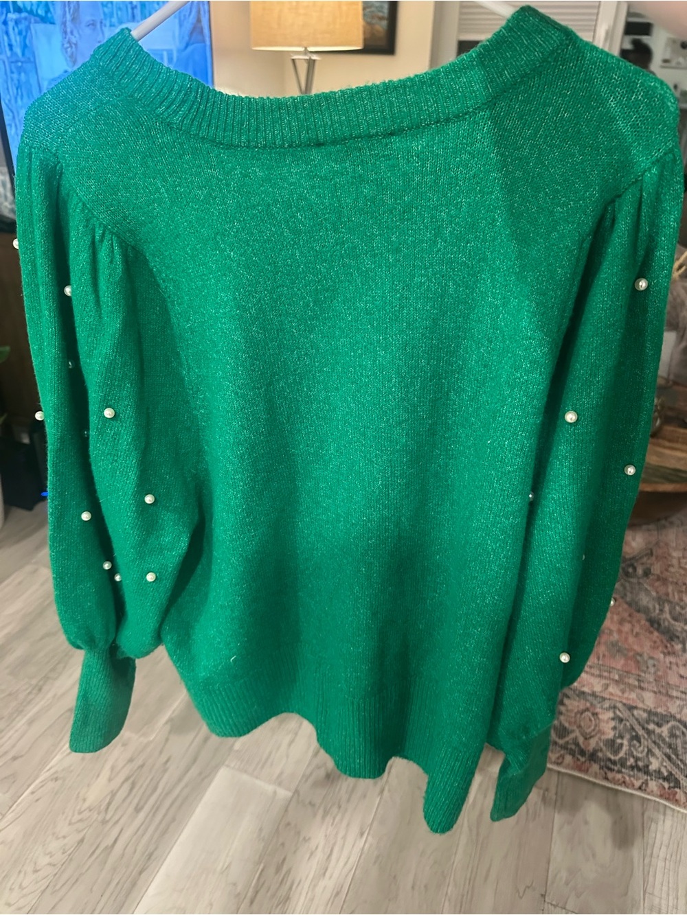 CeCe Emerald Green Pearl-Embellished Crewneck Sweater - Large - Picture 6 of 7